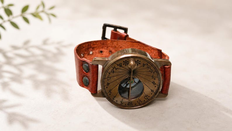 May include: A wrist-worn sundial featuring a circular brass face with engraved numbers and symbols, attached to a textured reddish-brown leather strap. The strap is secured with a dark metal buckle and features two visible metal rivets on the side.
