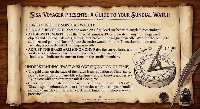 May include: An instructional parchment titled Eisa Voyager Presents: A Guide to Your Sundial Watch. It features text explaining how to use the device, align it with North, and adjust the brass gnomon, alongside a diagram of a circular sundial.