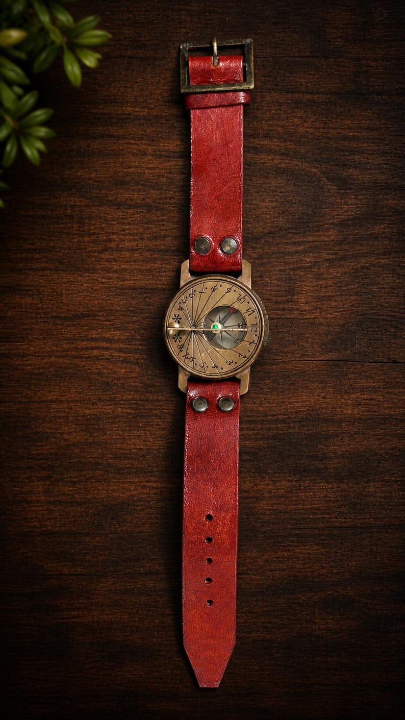 May include: A wristwatch with a red leather strap and a brass-toned circular face. The dial features engraved markings, numbers, and a central compass-like needle with a small green accent. The strap is secured with metal rivets and a buckle.