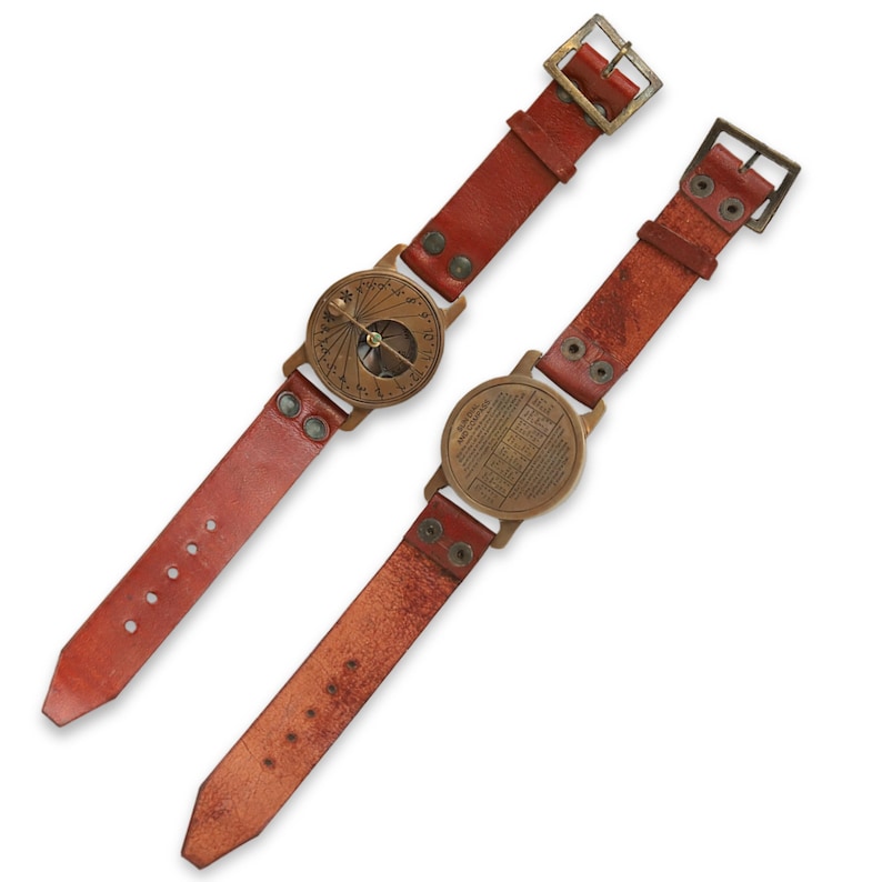 Handcrafted Brass Sundial Compass Watch - Steampunk Wrist Watch - Nautical Leather Strap Compass - Personalized Gift for Him image 2