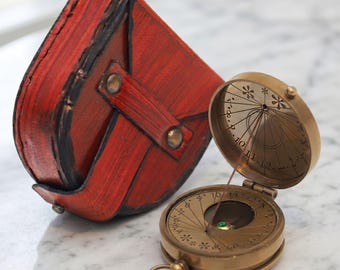 Antique Brass Sundial Compass with Leather Case, Handcrafted Nautical Gnomon Sun Clock, Steampunk Pocket Watch Style, Gift for Him and Her