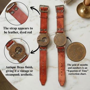 May include: Two sundial compasses with red leather straps and antique brass finish. One shows a circular dial with numbers 1-12 and a central needle. The other shows a circular back plate with an Equation of Time correction chart grid.