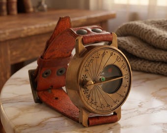 Handcrafted Brass Sundial Compass Watch - Steampunk Wrist Watch - Nautical Leather Strap Compass - Personalized Gift for Him