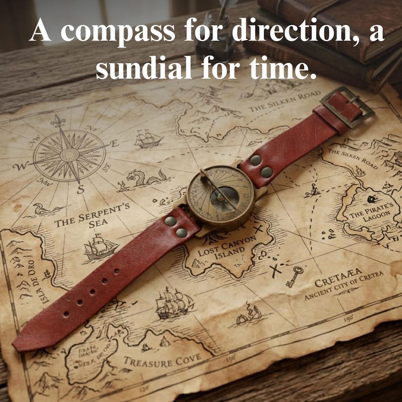 May include: A brass sundial watch with a red leather strap featuring two metal rivets on each side, resting on a vintage-style map. The text A compass for direction, a sundial for time. is printed in white at the top of the image.