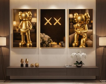 Set di poster KAWS dorati, arte murale street graffiti hypebeast, regalo per la stanza degli appassionati di sneaker (download digitale)