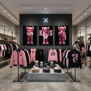 Pu&ograve; includere: Interno di un negozio al dettaglio con abbigliamento rosa e nero esposto su scaffali. Tre figure KAWS rosa incorniciate sono appese a una parete nera. Un tavolo espositivo in cemento mostra scarpe da ginnastica e statuette KAWS. Il negozio ha un design moderno.