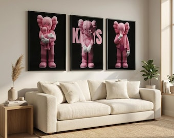 Set di 3 stampe da parete in stile Pink KAWS, streetwear hypebeast, poster, regalo per la decorazione della stanza, statuetta di KAWS (download digitale)