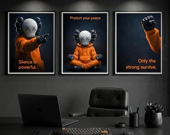 Set di stampe da parete ispirate a KAWS, poster dark hypebeast, decorazioni urban streetwear, regalo per uomo, decorazione per ufficio (download digitale)