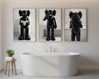 Set di 3 stampe nere ispirate a KAWS, decorazioni per il bagno in stile hypebeast (download digitale)
