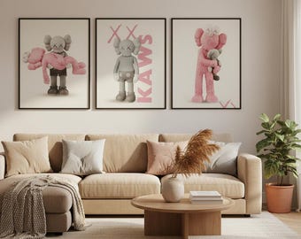 Art mural rose et gris Kaws, lot de 3, décoration Hypebeast, estampes graffiti Pop Art, décoration de chambre esthétique, oeuvre d'art moderne, téléchargement numérique