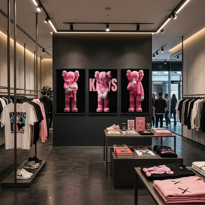 Pu&ograve; includere: Un moderno spazio commerciale con opere d'arte e merchandising KAWS rosa. Tre figure KAWS rosa incorniciate sono esposte su una parete nera. Appendiabiti con magliette e felpe. Scarpe da ginnastica e libri su tavoli espositivi. Il negozio ha un design minimalista con pareti e pavimenti grigio scuro.