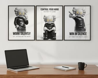 Set di stampe motivazionali da parete KAWS, decorazioni Hypebeast, poster "Work Silently", regalo per uomo (download digitale)