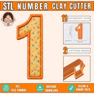 May include: An orange number one clay cutter with a cookie-like design, featuring colorful sprinkles and a grid pattern. The image includes details about different sizes, cutting edges, and the STL file format.