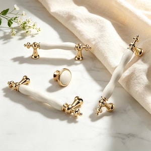 White Ceramic Drawer Pulls/Porcelain Gold Cabinet Pulls/Ceramic Kitchen Cabinet Pulls/Cabinet Handles/Bathroom Vanity Knobs