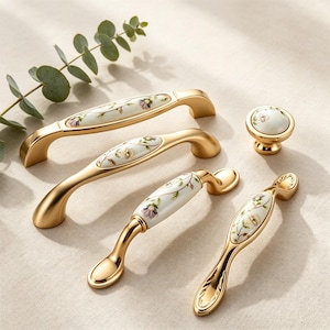 Floral Ceramic Gold Cabinet Pull/Chinese Vintage Drawer Knobs/Wardrobe Door Handles/ European Furniture Handle