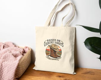 Western Aesthetic Tote Bag | Raised on Country Sunsets | Vintage Ranch Tote | Rustic Prairie Country Market Tote | Country Lifestyle Gift