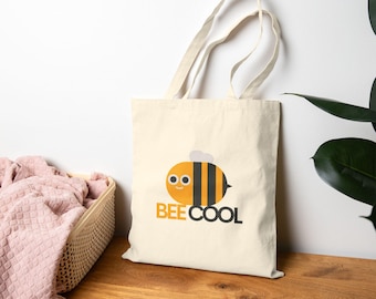 Bee Cool Striped Bee Illustration Tote Bag | Cute Bumblebee Graphic | Gift for Loved Ones | Canvas Tote | Eco-friendly Grocery Tote Bag