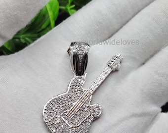 Moissanite Cluster Guitar Pendant, White Gold Plated, Music Lover Charm