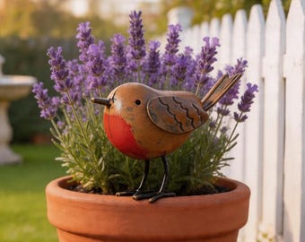 Petirrojo de metal hecho a mano, figura rústica de jardín, regalo de estilo campestre.