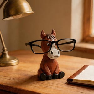 Wooden Horse Eyeglass Holder, Hand Carved Animal Spectacle Stand, Desk Decor
