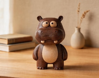 Adorno de escritorio de hipopótamo de nogal, linda figura de animal de madera hecha a mano