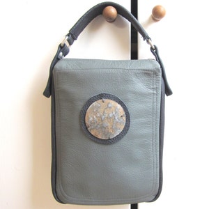 petrol green grey leather pouch hand bag,  purse,for small tablet,  with antique Dutch artifact, handmade, 9,5x7,5x 2 inch