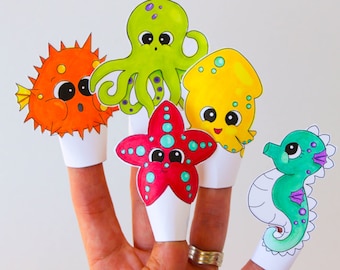 Printable Finger Puppets, Sea Critters // Papercraft // DIY Print and Color puppets.