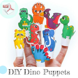 May include: A set of printable DIY dinosaur finger puppets. The puppets are colorful and feature a variety of dinosaurs, including a green dinosaur, a red dinosaur, a blue dinosaur, a purple dinosaur, an orange dinosaur, a yellow dinosaur, and a blue elephant. The text "DIY Dino Puppets" is at the bottom of the image. The text "Difficulty Rating" is at the bottom right of the image. There are four circles next to the text, two are blue and two are brown. The text "Easy - print, cut, play!" is below the circles.