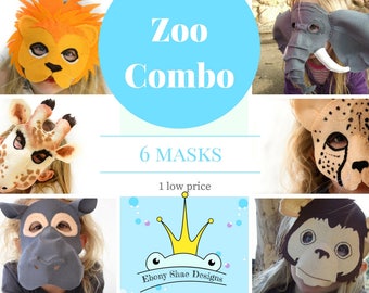 Zoo animal masks PATTERN collection // DIY Kids Party Masks // Elephant Mask, Giraffe Mask, Monkey Mask, Lion Mask, Cheetah Mask