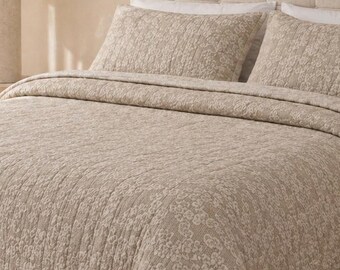 Gray Muslin Bedspread Set, Textured Quilt, Washed Cotton Back, Neutral Bedroom Decor