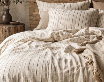 Washed Cotton Bedding, Striped Duvet Cover Set, Cream Blue, Euro Size