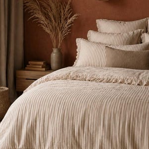 Striped Washed Cotton Bedding Set, Beige Ruffle Duvet Cover, Euro Size, Neutral Bedroom Decor