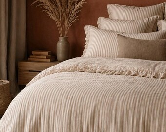 Striped Washed Cotton Bedding Set, Beige Ruffle Duvet Cover, Euro Size, Neutral Bedroom Decor