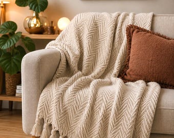 Herringbone Cotton Throw with Tassels, Natural Beige Woven Blanket