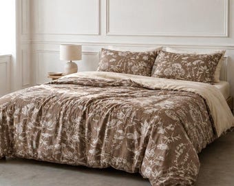 Washed Cotton Floral Duvet Cover Set, Beige Brown Bedding, Double Size