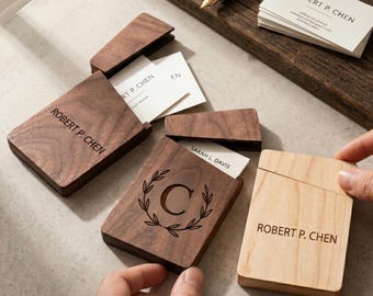 Custom Wooden Business Card Holder, Engraved Walnut Card Case, Slim Wood Pocket Wallet, Personalized Professional Gift for Men Women Boss