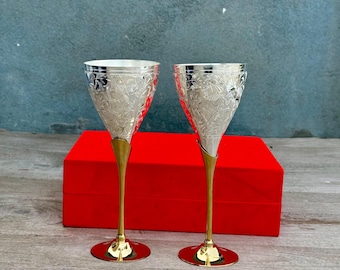 Brass Wine Glass Set of 2, Vintage Champagne Goblets, Antique Brass Wedding Glasses, Luxury Barware Gift with Red Box.