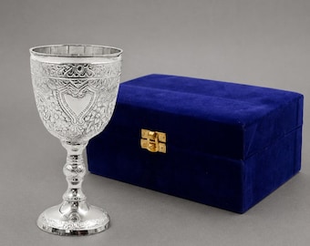 Engraved Brass Goblet, Silver Color Vintage Royal Wine Cup, Floral Detail, Velvet Box
