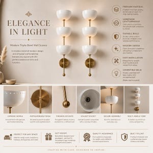 May include: Modern triple bowl wall sconce with a brushed brass finish and ceramic bowls. The sconce features a timeless design with a multi-angle view, perfect for living rooms and bedrooms. The sconce is designed for easy installation and uses E26/E27 base bulbs.