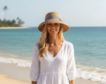 Mother’s Day Hepburn Style Beach Hat Elegant Wide Brim Sun Hat Chic Sun Protection Straw Hat Classic Vacation Cap for Women