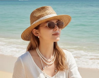 Minimalist Cutout Straw Hat Wide Brim Sun Hat Quiet Luxury Style Elegant Summer Hat Breathable Woven Chic Women Vacation Hat