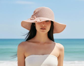 Mother’s Day Pink Floral Sun Hat Sweet Wide Brim Summer Cap Romantic Garden Beach Hat Cute Gift for Women Outdoors