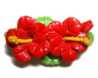Hibiscus china brooch, Denton china pin made in England, red hibiscus flower, floral brooch, red yellow green porcelain brooch