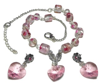 Pink heart necklace and earrings, Swarovski crystal, lampwork beads, silver plated chain, vintage leaf connector, pierced earrings, handmade