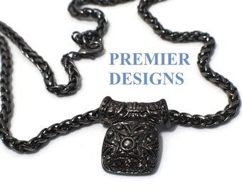 Premier Designs Necklace, gunmetal chain with Aztec design slide pendant, Singapore chain