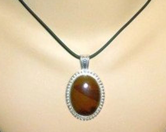 Picture jasper necklace, brown jasper pendant, black rubber cord, silver plated chain and cabochon frame, gemstone pendant, handmade