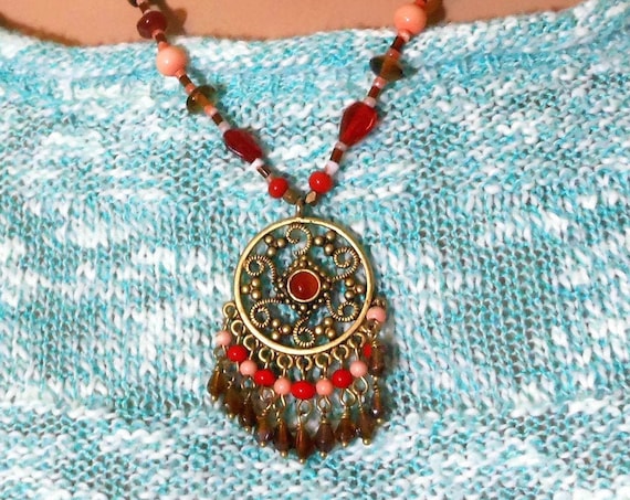 Dream catcher necklace, orange red pink, glass ceramic and wood, beaded necklace with dream catcher pendant, southwestern ethnic