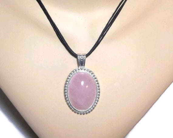 Pink quartz pendant necklace, oval quartz cabochon in silver plated frame, 3 strand black corded, silver plated heart clasp, handmade