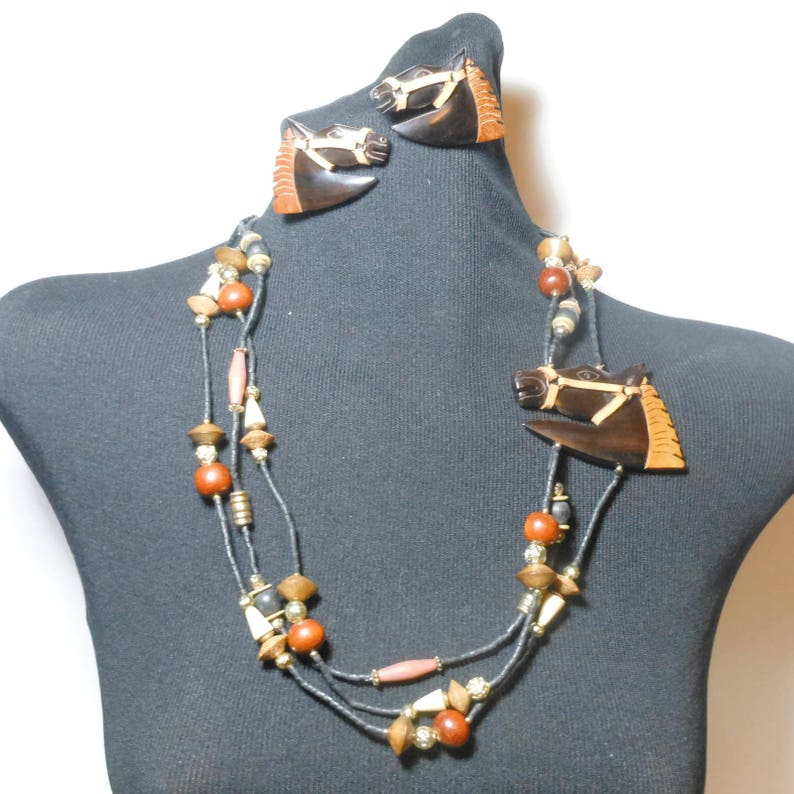 Wooden horse necklace and earrings browns creams carved tribal style lightweight beads boho ethnic statement ranch cowgirl