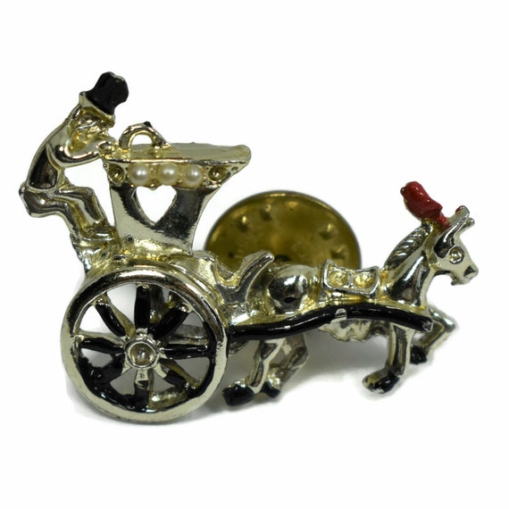 Victorian horse and buggy brooch small pin, rider seat behind carriage with heart-shaped window, enamel plume wheel and top hat, seed pearls